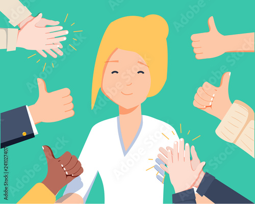 Happy woman portrait with thumbs up and human hands clapping isolated on background. Thumbs up flat hands for network