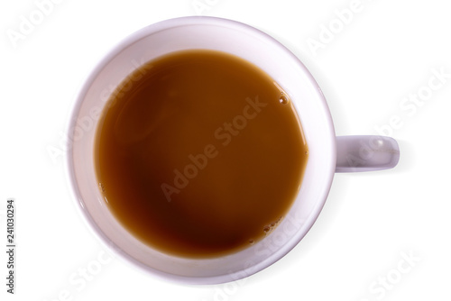 White coffe tea cup on white background with shadow, isolated. View from above.