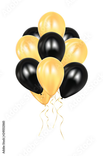 Realistic 3d black and golden ballons. Colorful glossy Ballon. Balloons isolated mockup for anniversary, birthday party. Design element. Wedding, start up decoration.