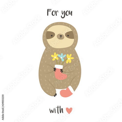 Cute sweet sloth with bunch of flowers in a boot.