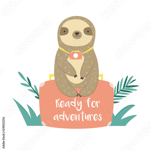 Funny sloth in jungles sitting on suitcase