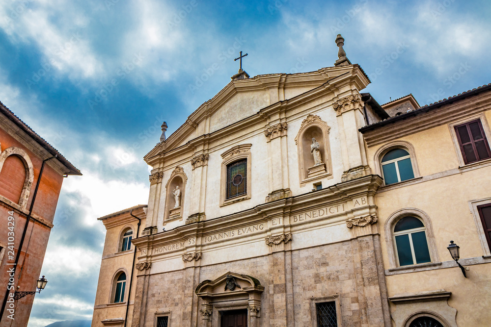 Baroque Church of San Giovanni De Duca, in Piazza Dante, Anagni, Frosinone, Italy. Cloudy blue sky.