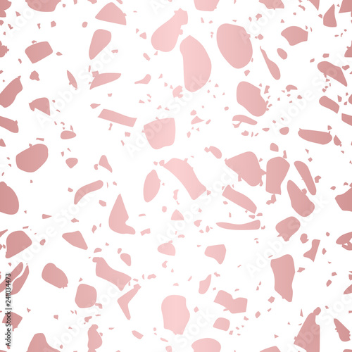 Rose gold terrazzo seamless pattern. Vector metallic foil texture with randomly scattered spots, sprinkles. Mosaic flooring pattern. Trendy background in pastel colors, pink, copper, blush, white