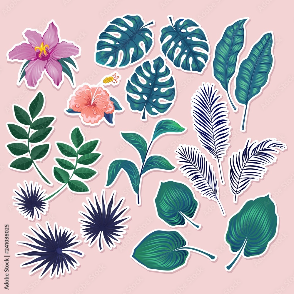 Cute tropical stickers and labels on blush pink background. Summer set of  leaves and flowers. Vector illustration Stock Vector | Adobe Stock