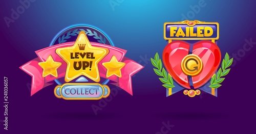 Game elements set. "Level Up", "failed" cartoon colorful buttons. Vector illustration