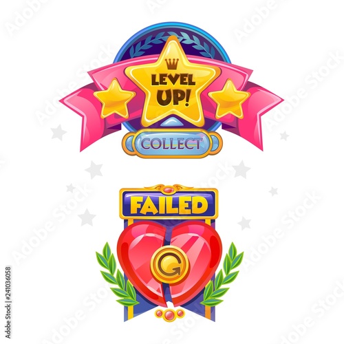 Game elements set. "Level Up", "failed" cartoon colorful buttons isolated on white background. Vector illustration