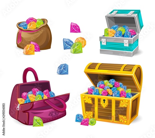 Game chests set with different gemstones on transparent background. Cartoon money chests for games, books etc. Vector illustration﻿