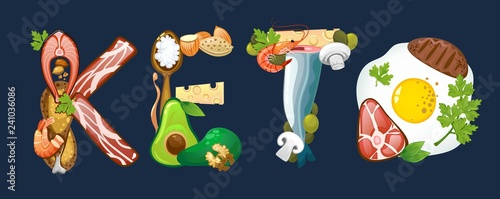 Keto inscription made of ketogenic diet food. Vector illustration