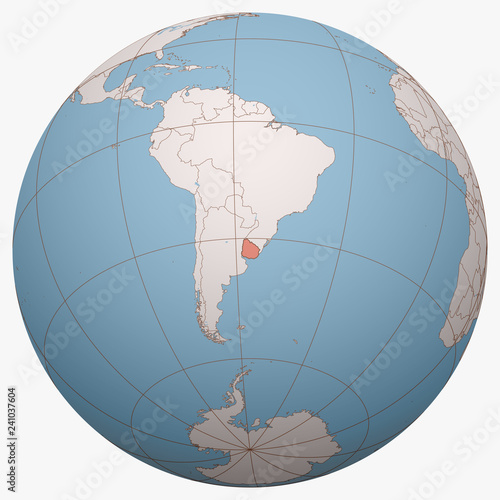 Uruguay on the globe. Earth hemisphere centered at the location of the Oriental Republic of Uruguay. Uruguay map.
