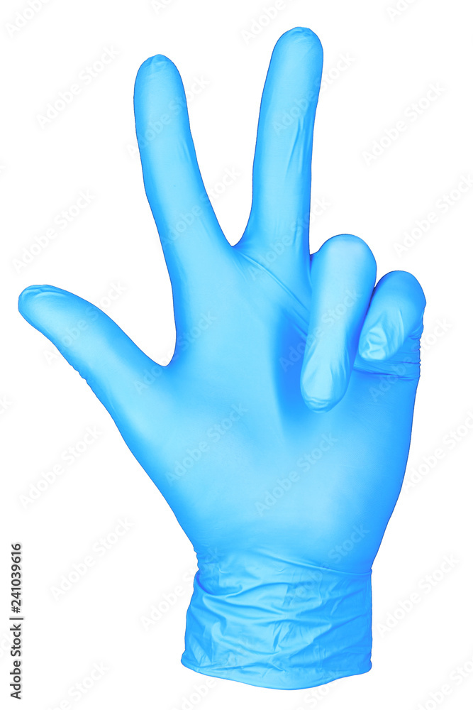 Obraz premium photo hand insulated glove gesture of peace two fingers / hand in the position of the gesture of peace two fingers