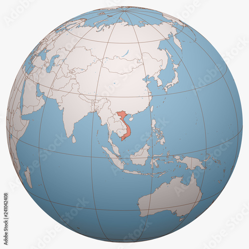 Vietnam on the globe. Earth hemisphere centered at the location of the Socialist Republic of Vietnam. Vietnam map.