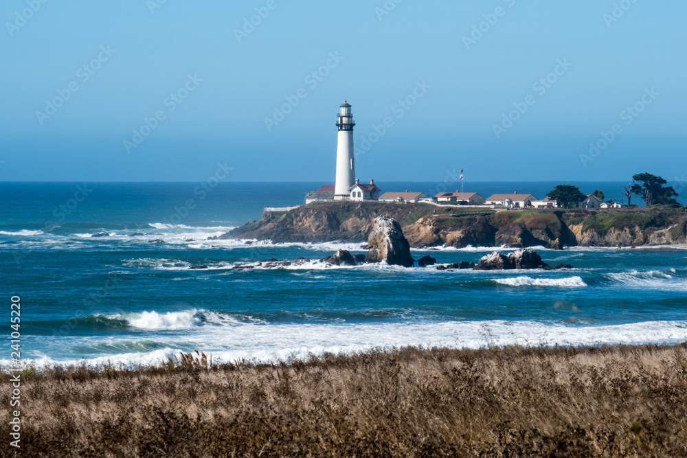 Pigeon Point Lighthouse, landscape view with brush and ocean waves in the foreground, on a clear sunny day on the California Coast
