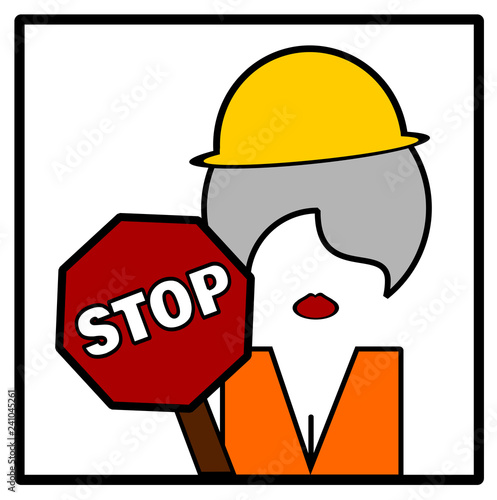 gray haired female road construction worker holding stop sign