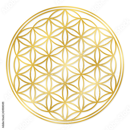 Golden Flower of Life, used for decoration or golden pendant. Geometrical symbol on white background.
