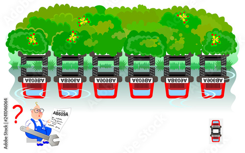 Logic puzzle game for children and adults. Help the worker find the car he have to repair. Where is correct reflection of number plate? Developing spatial thinking. Vector  cartoon image.