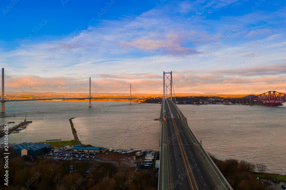 Three bridges, Forth railway Bridge, Forth Road Bridge and Queensferry Crossing, over Firth of Forth near Queensferry in Scotland