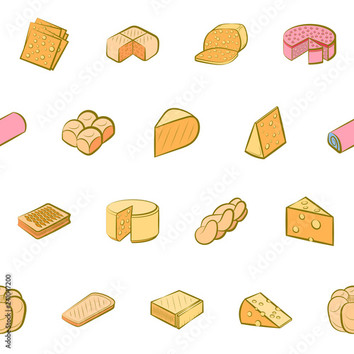Bakery products and Cheeses set. Background for printing, design, web. Usable as icons. Seamless. Colored.