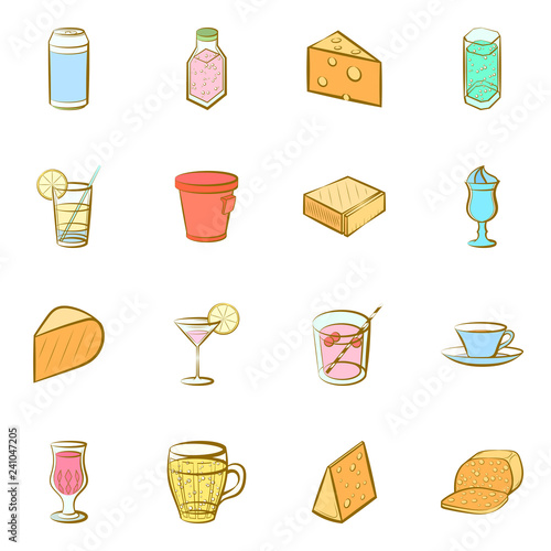 Cheeses and Drinks set. Background for printing, design, web. Usable as icons. Seamless. Colored.