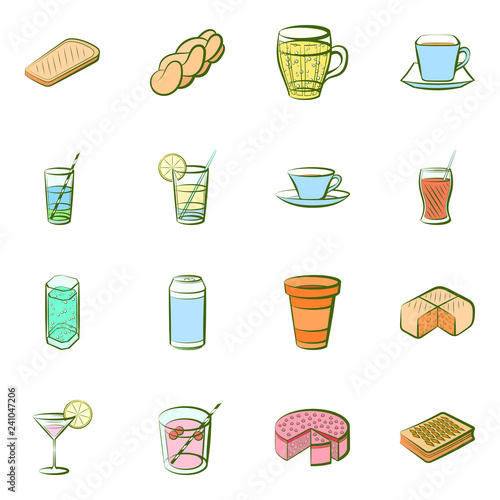 Bakery products and Drinks set. Background for printing, design, web. Usable as icons. Seamless. Colored.