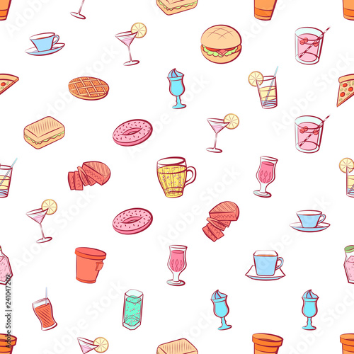 American food and Drinks set. Background for printing, design, web. Usable as icons. Seamless. Colored.