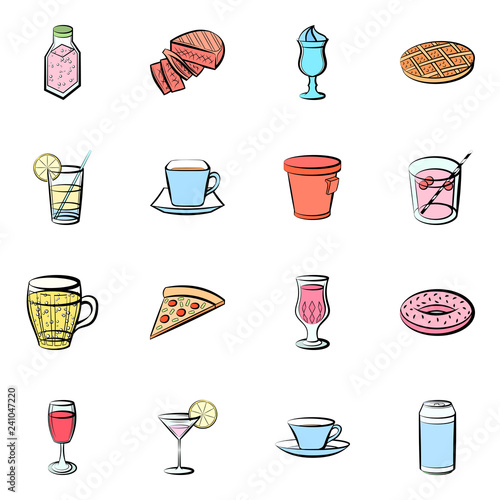American food and Drinks set. Background for printing, design, web. Usable as icons. Seamless. Colored.