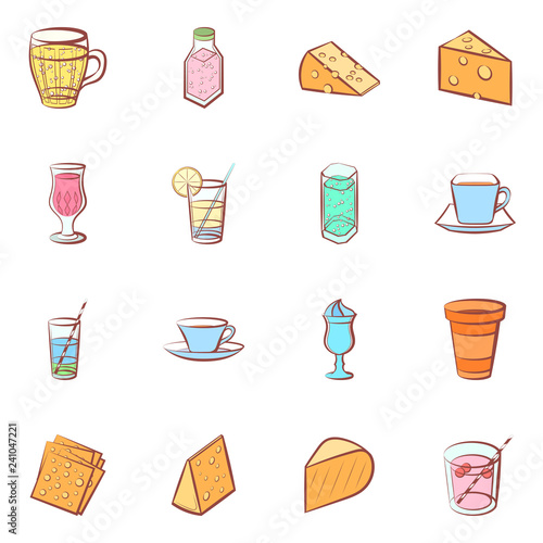 Cheeses and Drinks set. Background for printing, design, web. Usable as icons. Seamless. Colored.