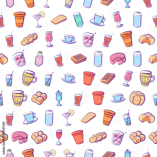 Bakery products and Drinks set. Background for printing, design, web. Usable as icons. Seamless. Colored.