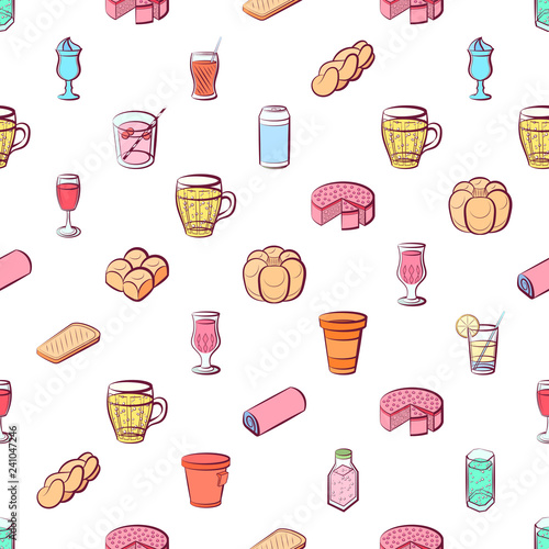 Bakery products and Drinks set. Background for printing, design, web. Usable as icons. Seamless. Colored.