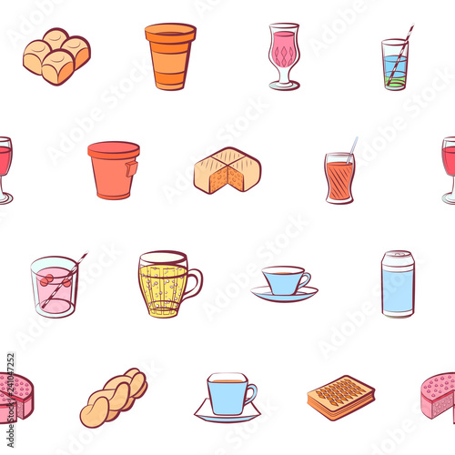 Bakery products and Drinks set. Background for printing, design, web. Usable as icons. Seamless. Colored.
