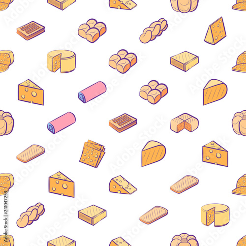 Bakery products and Cheeses set. Background for printing, design, web. Usable as icons. Seamless. Colored.