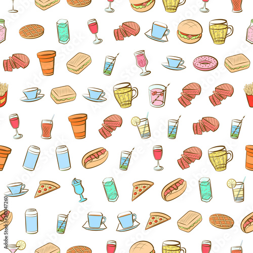 American food and Drinks set. Background for printing, design, web. Usable as icons. Seamless. Colored.
