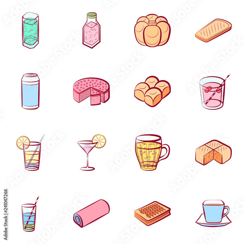 Bakery products and Drinks set. Background for printing, design, web. Usable as icons. Seamless. Colored.