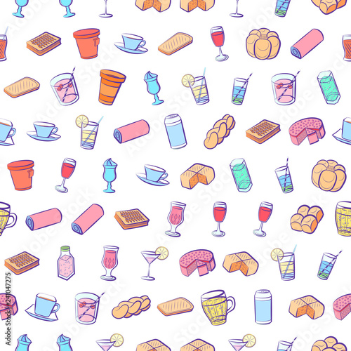 Bakery products and Drinks set. Background for printing, design, web. Usable as icons. Seamless. Colored.