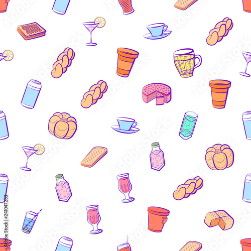 Bakery products and Drinks set. Background for printing, design, web. Usable as icons. Seamless. Colored.