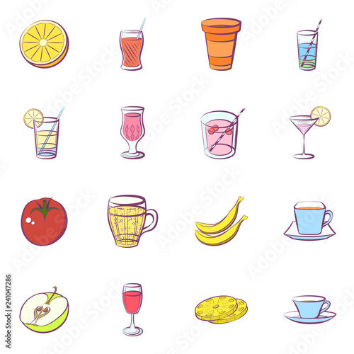 Drinks and Fruits set. Background for printing, design, web. Usable as icons. Seamless. Colored.