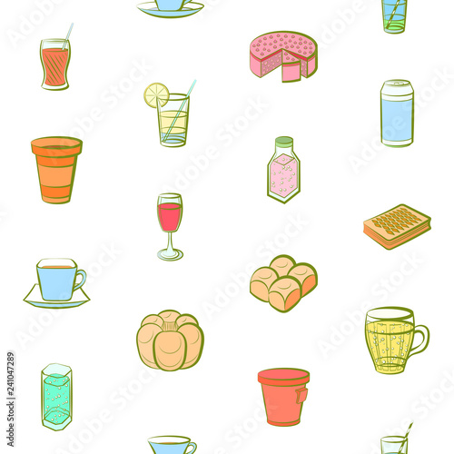 Bakery products and Drinks set. Background for printing, design, web. Usable as icons. Seamless. Colored.