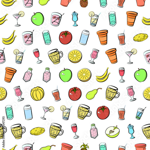 Drinks and Fruits set. Background for printing, design, web. Usable as icons. Seamless. Colored.
