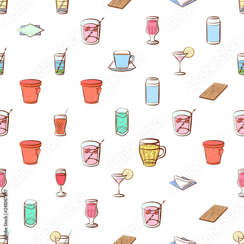 Drinks and Table setting set. Background for printing, design, web. Usable as icons. Seamless. Colored.