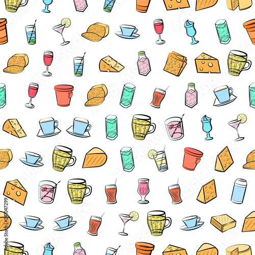 Cheeses and Drinks set. Background for printing, design, web. Usable as icons. Seamless. Colored.