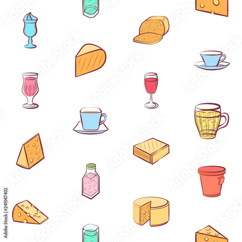 Cheeses and Drinks set. Background for printing, design, web. Usable as icons. Seamless. Colored.
