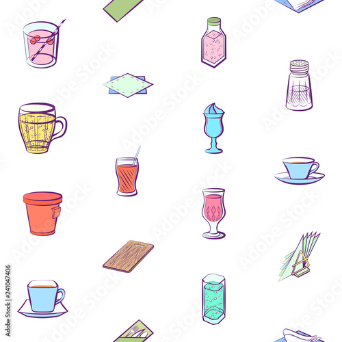 Drinks and Table setting set. Background for printing, design, web. Usable as icons. Seamless. Colored.