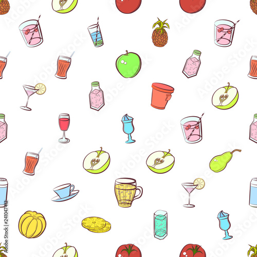 Drinks and Fruits set. Background for printing, design, web. Usable as icons. Seamless. Colored.