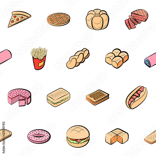 American food and Bakery products set. Background for printing, design, web. Usable as icons. Seamless. Colored.