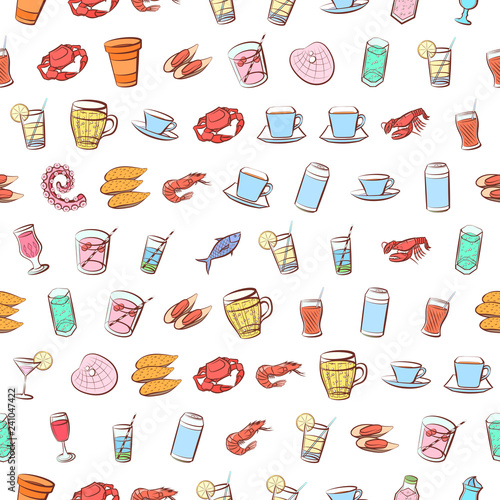 Drinks and Seafood set. Background for printing, design, web. Usable as icons. Seamless. Colored.