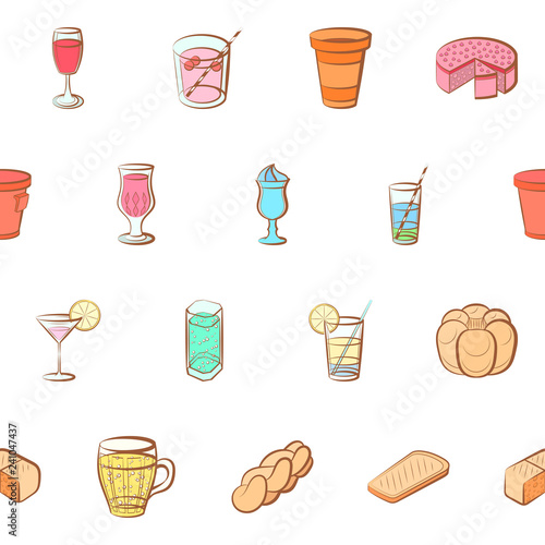 Bakery products and Drinks set. Background for printing, design, web. Usable as icons. Seamless. Colored.