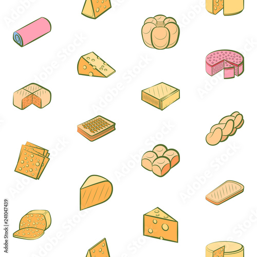 Bakery products and Cheeses set. Background for printing, design, web. Usable as icons. Seamless. Colored.