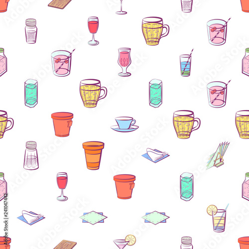 Drinks and Table setting set. Background for printing, design, web. Usable as icons. Seamless. Colored.