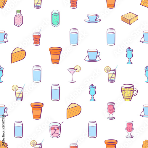 Cheeses and Drinks set. Background for printing, design, web. Usable as icons. Seamless. Colored.