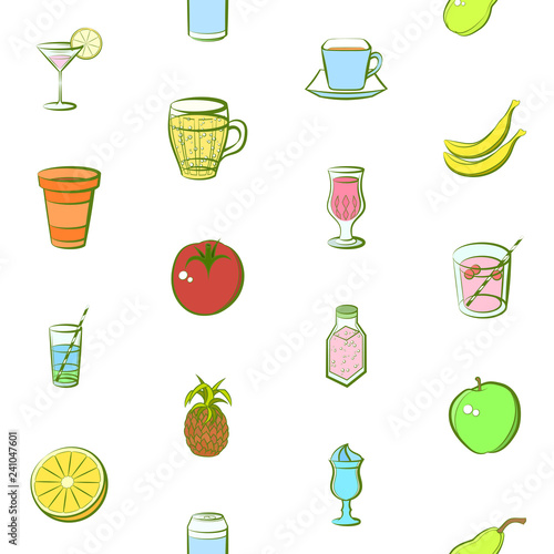 Drinks and Fruits set. Background for printing, design, web. Usable as icons. Seamless. Colored.