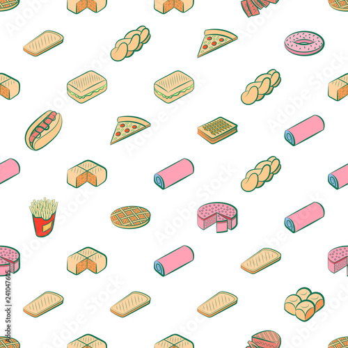 American food and Bakery products set. Background for printing, design, web. Usable as icons. Seamless. Colored.